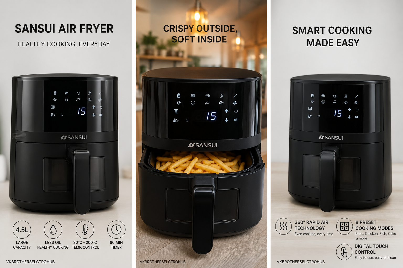 Sansui 1400W Digital Air Fryer | Oil-Free Healthy Cooking | Touch Control | Multi Preset Modes | Black